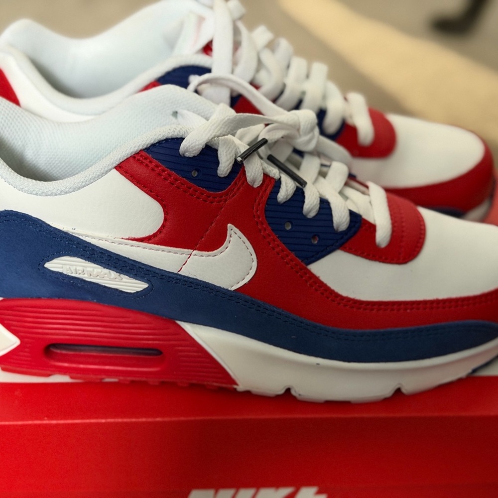 Nike Air Max Red, Blue, and White Sneakers
